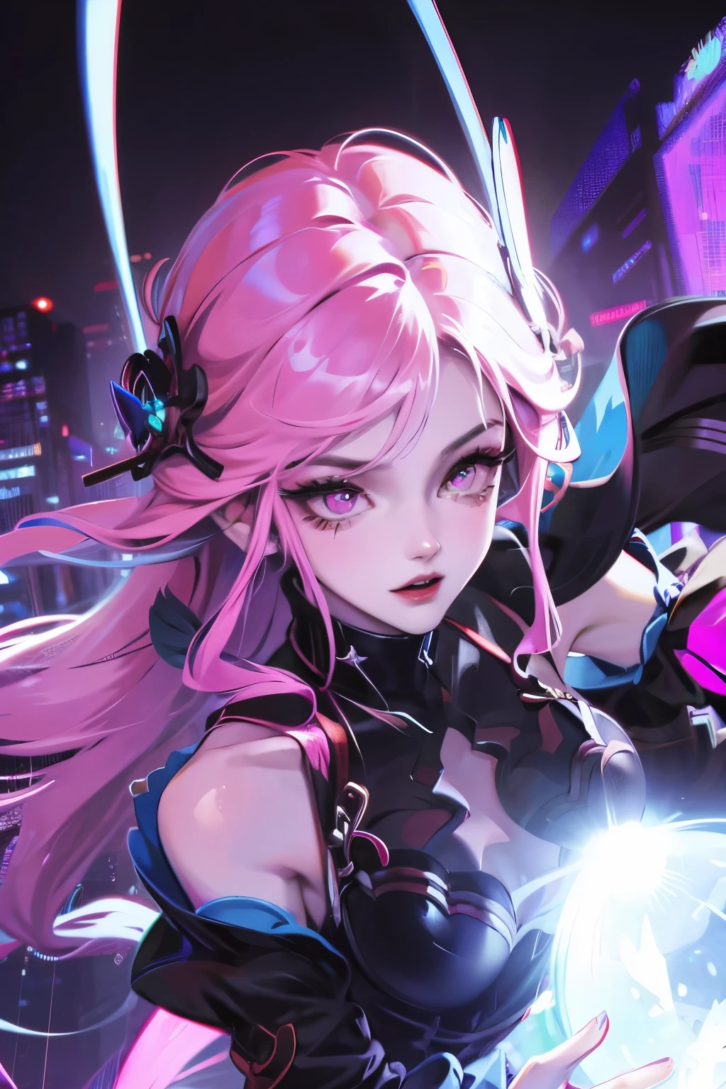 Cyberpunk, Pink Hair, Futurism, Surreal, Ultra wide angle, Wide-angle lens, look up, Dynamic Movement, Expressive, Full of energy, The Sacred Edge, Laser holographic images
