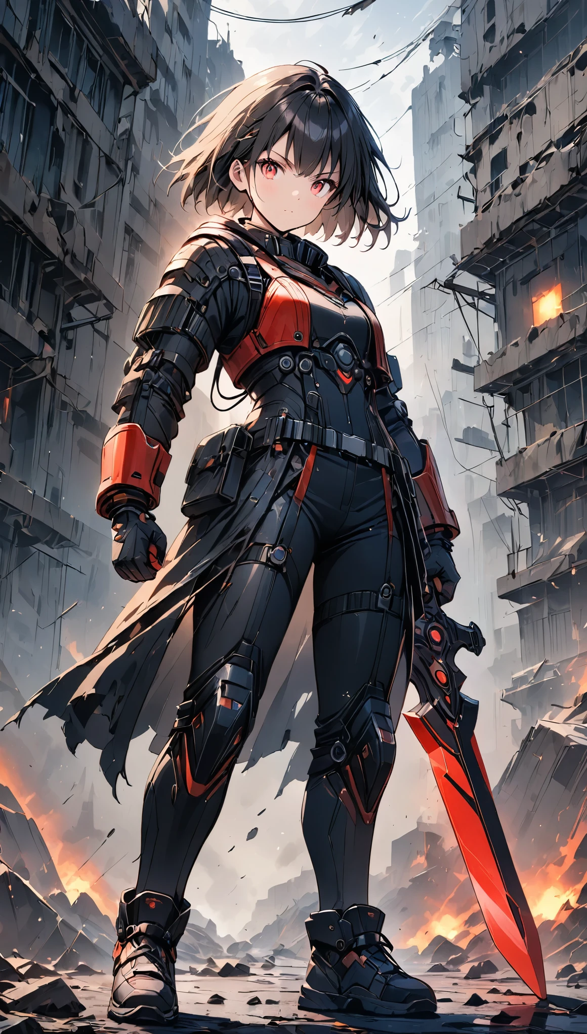 (anime style:1.4),超High resolution, Attention to detail, high quality, High resolution, 最high quality, 4K, 8K,A young female warrior in a high-tech black powered exosuit with glowing red LED accents, standing on rubble in a post-apocalyptic setting, photorealistic anime style, short black bob hairstyle, glowing red eyes, In his right hand he holds a sword connected to his suit.,Bring your weapon-holding right hand behind your back,Charge the sword,Dazzling Sword,An electric aura emanates around the girl., ((wearing a tattered, billowing robe that is heavily damaged and frayed)), confident and fierce expression,cute