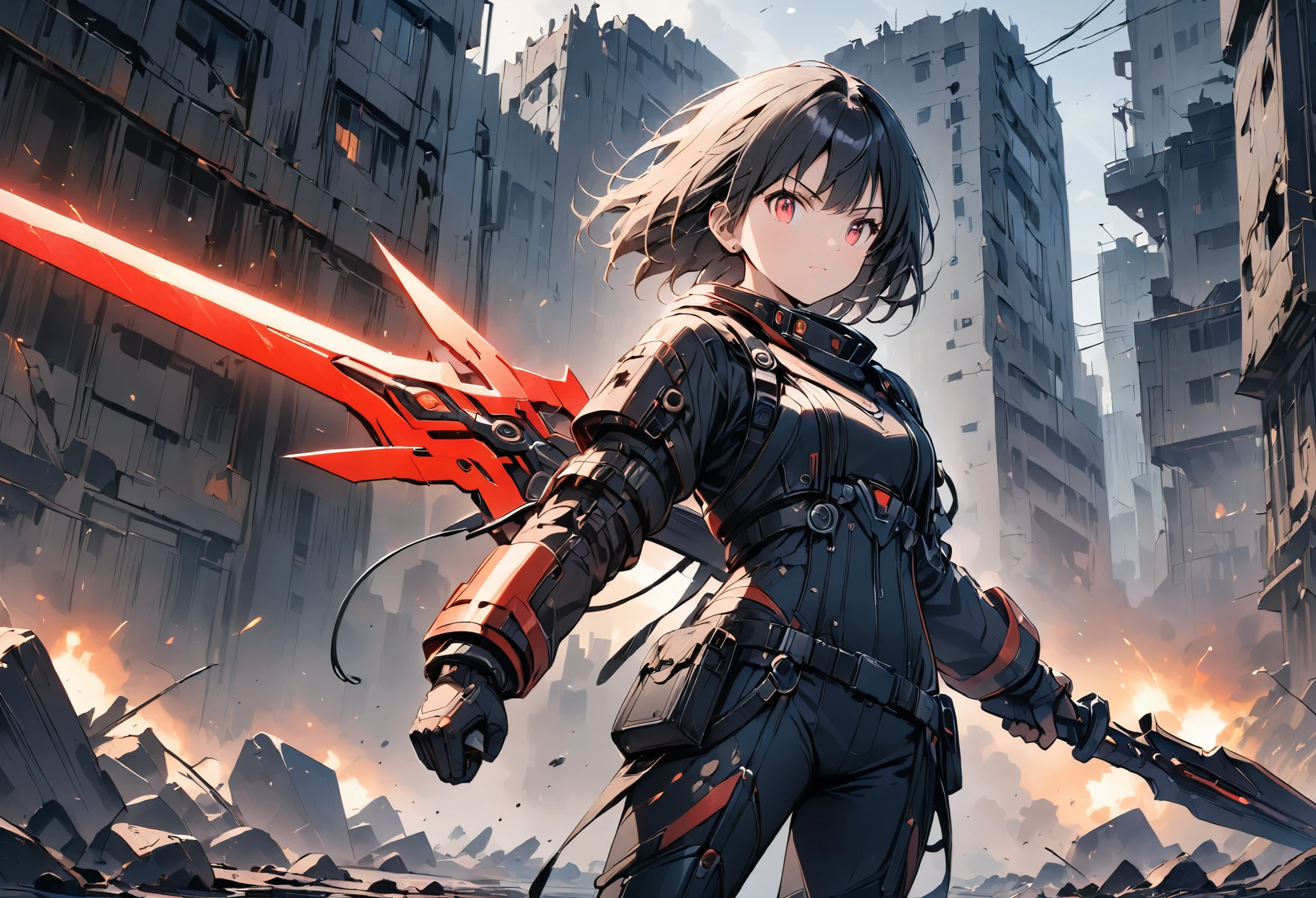 (anime style:1.4),超High resolution, Attention to detail, high quality, High resolution, 最high quality, 4K, 8K,A young female warrior in a high-tech black powered exosuit with glowing red LED accents, standing on rubble in a post-apocalyptic setting, photorealistic anime style, short black bob hairstyle, glowing red eyes, In his right hand he holds a sword connected to his suit.,Bring your weapon-holding right hand behind your back,Charge the sword,Dazzling Sword,An electric aura emanates around the girl., ((wearing a tattered, billowing robe that is heavily damaged and frayed)), confident and fierce expression,cute