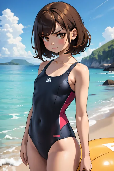 1girl, short girl, medium-length brown hair, thin, flat chest, small , tomboy look, beige swimsuit, arms crossed, serious look, ...