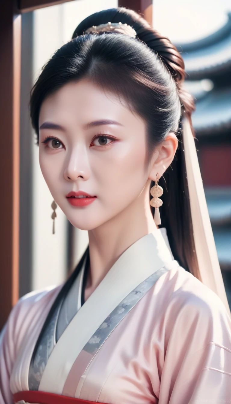 ultra detailed skin,ultra detailed face,actress portrait,hanfu,tang style,gzl,scenery of hong kong city,silver earrings,blush,(),20yo, gzl,