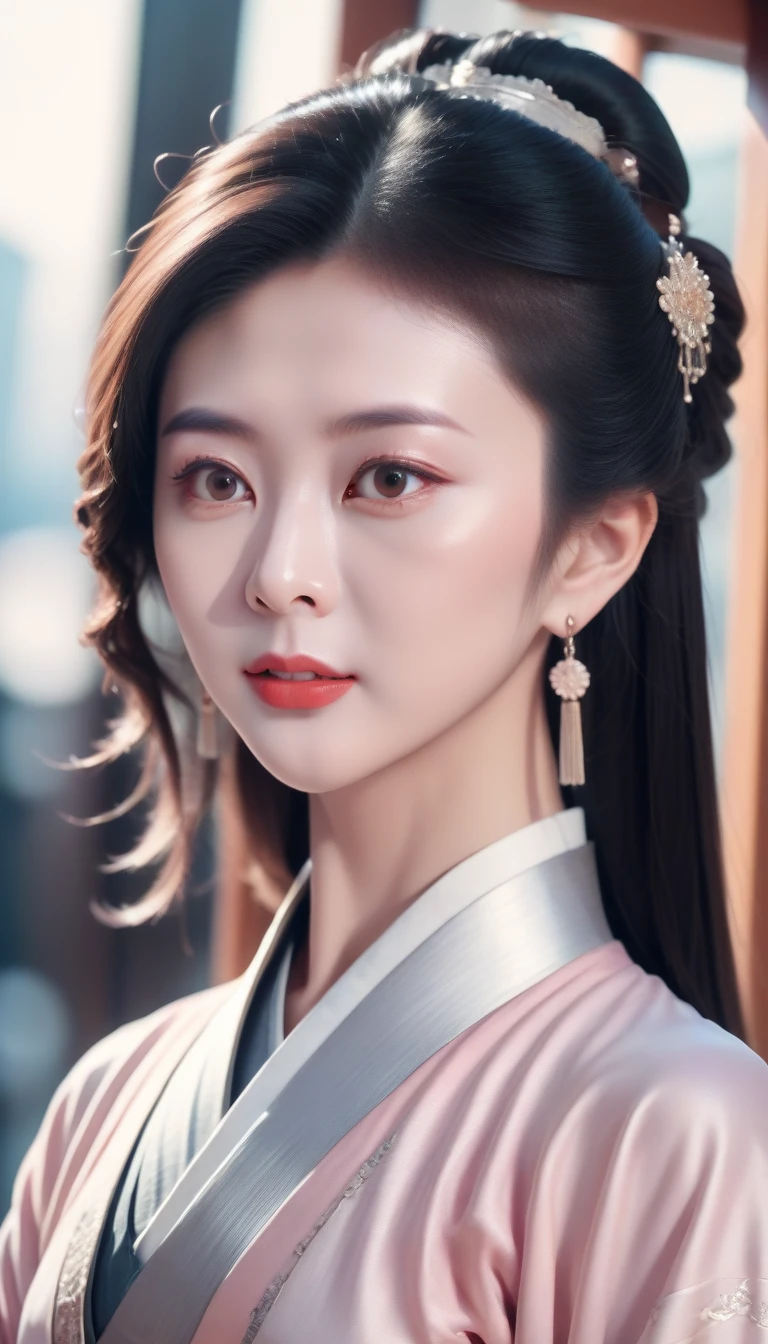 ultra detailed skin,ultra detailed face,actress portrait,hanfu,tang style,gzl,scenery of hong kong city,silver earrings,blush,(),20yo, gzl,