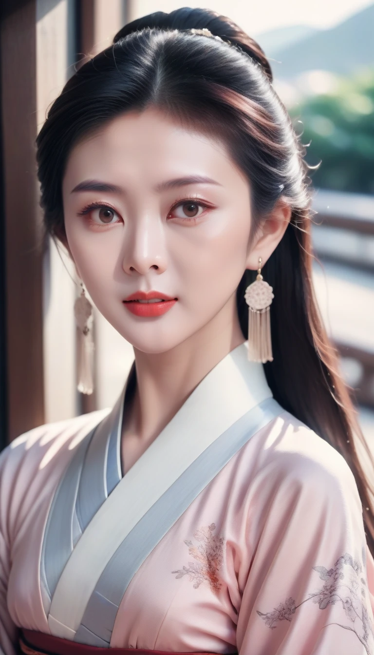 ultra detailed skin,ultra detailed face,actress portrait,hanfu,tang style,gzl,scenery of hong kong city,silver earrings,blush,(),20yo, gzl,