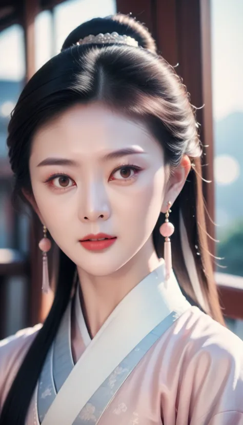 ultra detailed skin,ultra detailed face,actress portrait,hanfu,tang style,gzl,scenery of hong kong city,silver earrings,blush,()...