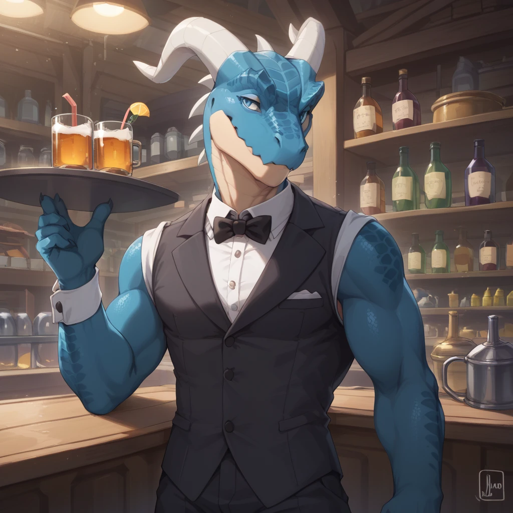 （Young Lizardman、Bar Master、Standing behind the counter、Clasp your hands in front of you）Blue body、Tuxedo suit、Narrowed Eyes Smile、A toned, mechanical body、Two white horns、Sparkling blue eyes、Dark Tavern、Inside the store、cool、front