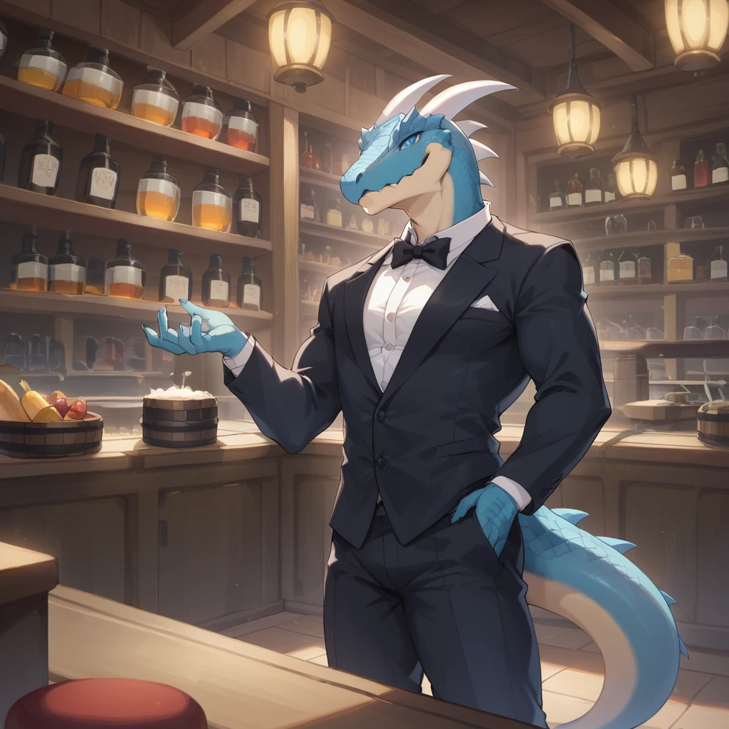 （Young Lizardman、Bar Master、Standing behind the counter、Clasp your hands in front of you）Blue body、Tuxedo suit、Narrowed Eyes Smile、A toned, mechanical body、Two white horns、Sparkling blue eyes、Dark Tavern、Inside the store、cool、front