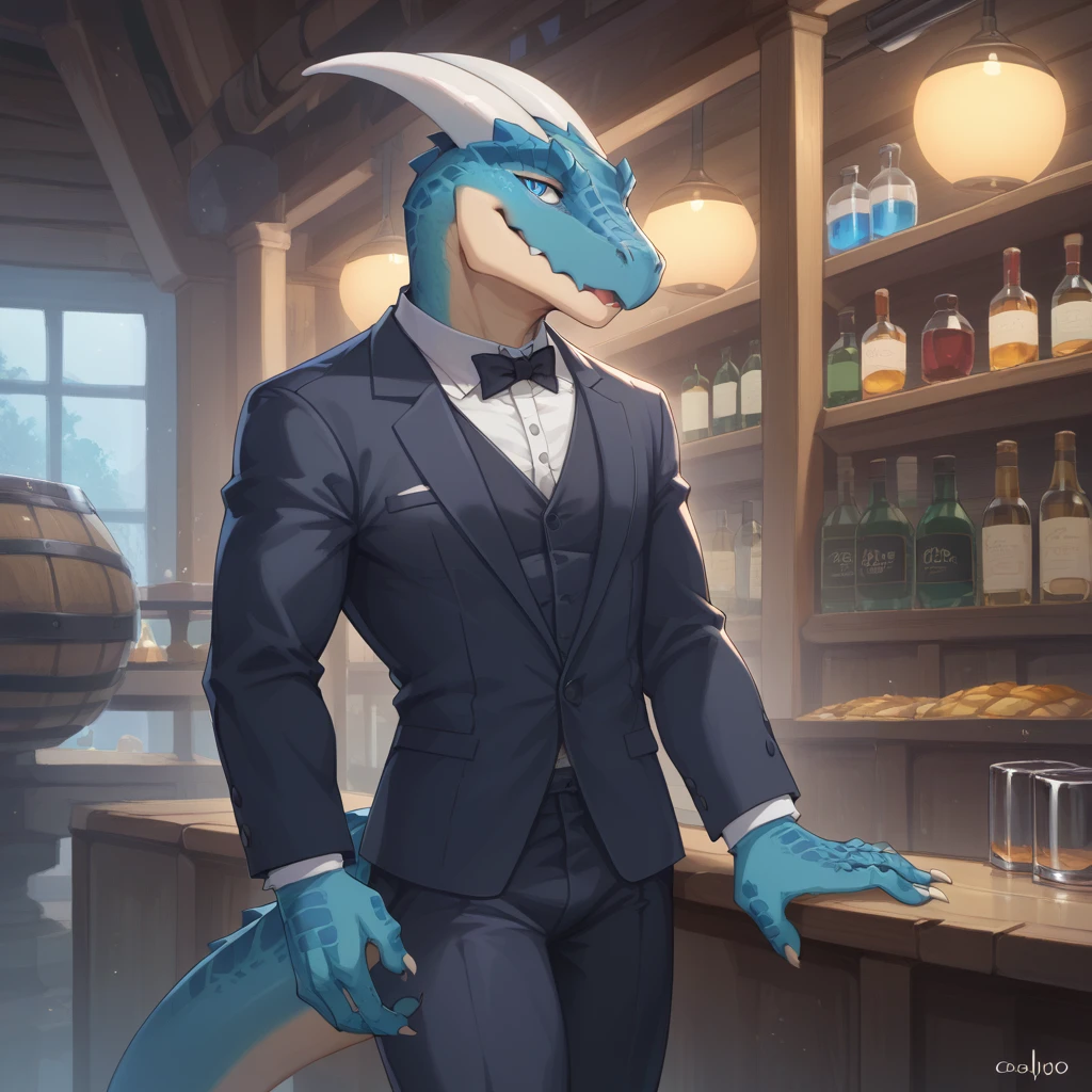 （Young Lizardman、Bar Master、Standing behind the counter、Clasp your hands in front of you）Blue body、Tuxedo suit、Narrowed Eyes Smile、A toned, mechanical body、Two white horns、Sparkling blue eyes、Dark Tavern、Inside the store、cool、front