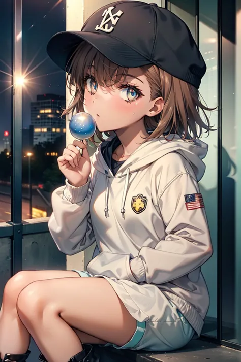 Mycotrose, Brown eyes,Brown Hair,short hair,Small breasts,Oversized black hoodie,Baseball hats,Shorts,boots,Both hands are in th...