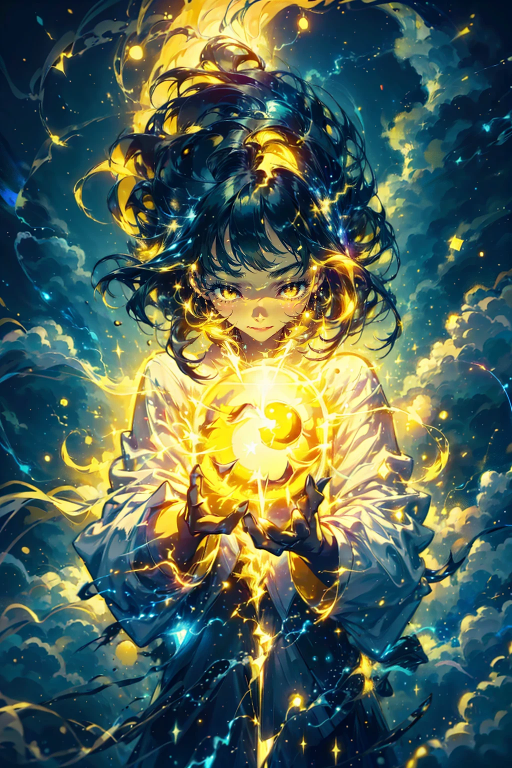 1girl,solo,cute,wizard,white robe,hold a yellow thunderball,yellow thunderball on each hands,around yellow thunder aura,perfect hands,perfect finger,thundermagic,glowing aura,yellow,lightning