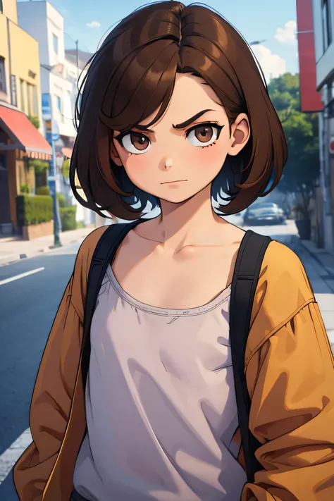 1girl, short girl, medium-length brown hair, thin, flat chest, small , tomboy look, boy clothes, serious look, not smiling, absu...