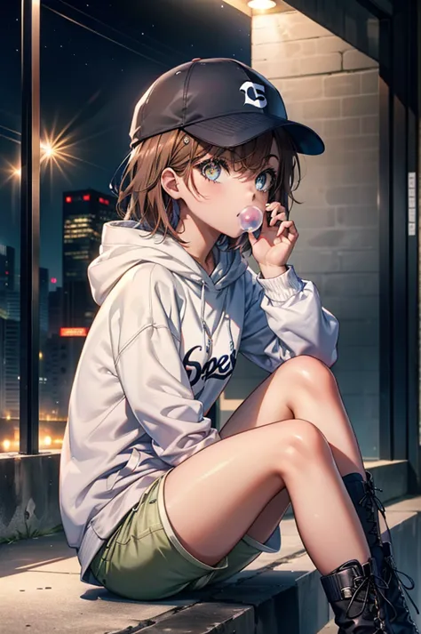 Mycotrose, Brown eyes,Brown Hair,short hair,Small breasts,Oversized black hoodie,Baseball hats,Shorts,boots,Both hands are in th...