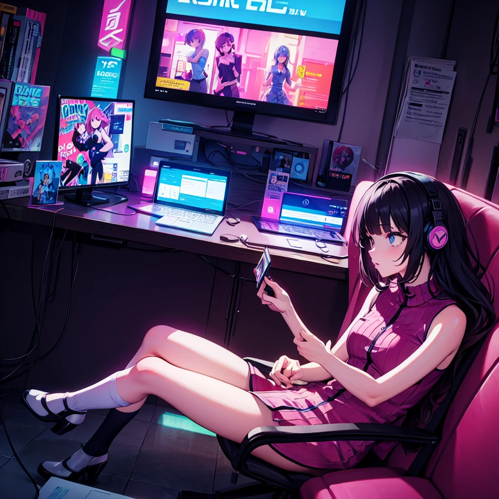 (masterpiece), Highest quality, Expressive eyes, Neon pastel aesthetics, Retro 90s, Neon color,((Girl sitting on sofa,In a cozy room,Records hanging on her wall, Comic books on the floor, Looking out the window behind her at the night city, Upholstered room, Anime figures lined up on a shelf)), Wearing headphones, (All around her it sparkles), (Wearing high socks and heels), (blue eyes), (Soft look), (Synthwave Art Style), Colorful Hair, Desk with PC set up