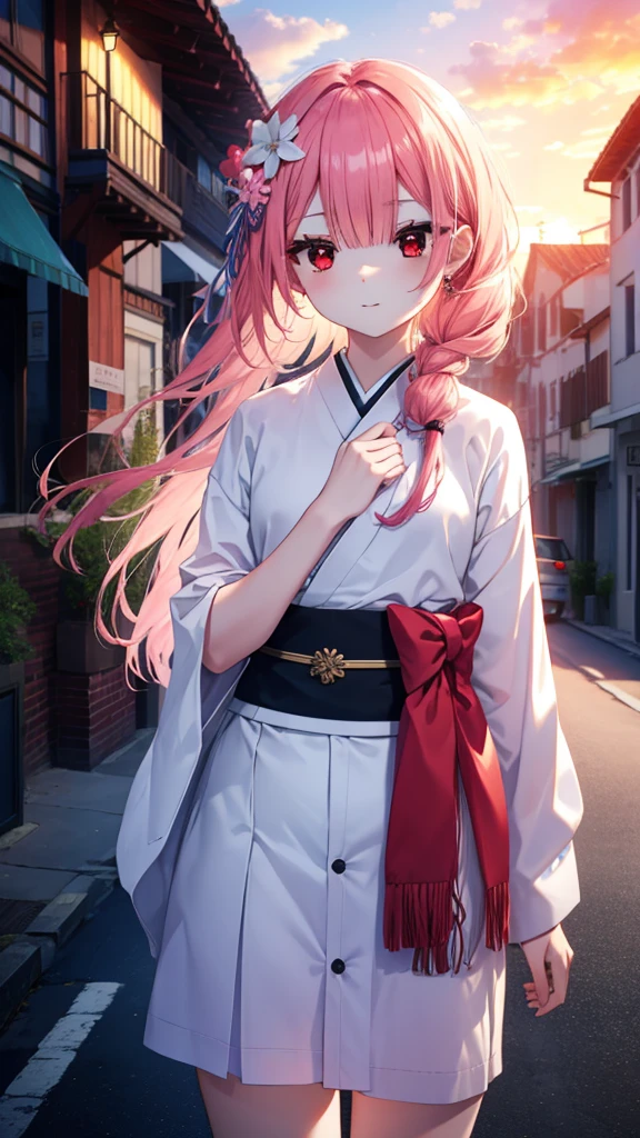 rezerorum, rum, Hair Flowers, hair ornaments, Hair above one eye, Pink Hair, (Red eyes:1.5), smile,blush,Long Hair, x hair ornaments, Tie your hair back,bangs, blunt bangs, (Flat Chest:1.2),Pink gorgeous Japanese kimono,,Sandals,evening,sunset, break outdoors, city,Building Street, break looking at viewer, (Cowboy Shot:1.5), break (masterpiece:1.2), Highest quality, High resolution, unity 8k wallpaper, (shape:0.8), (Fine and beautiful eyes:1.6), Highly detailed face, Perfect lighting, Highly detailed CG, (Perfect hands, Perfect Anatomy),