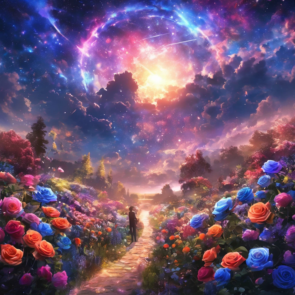 masterpiece, concept art, panorama, in the center, figure, wide shot, flower garden, night, (Meteors), Space galaxy background, (magnificent composition, epic proportions), dynamic lighting, Bright colors, blue roses,landscape