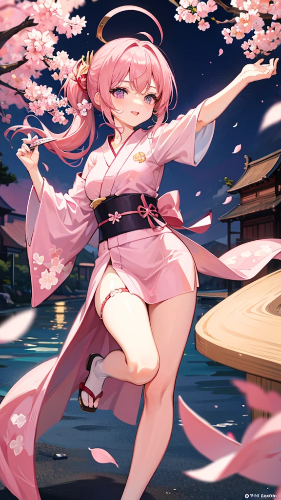 Pink Hair　Pink eyes　Small breasts　Brat　Tongue out　Cherry blossom pattern yukata　Fantastic place　Dancing with a fan in each hand　high school student　Side tail hairstyle