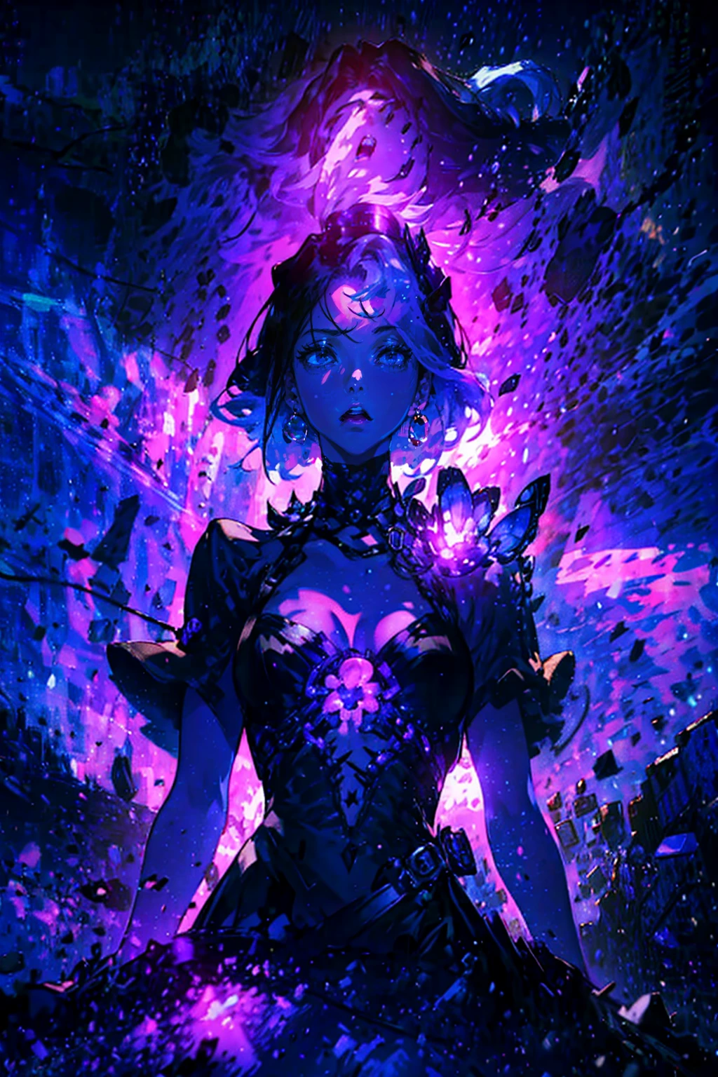 1girl,solo,cool,bigbreast,cleavage,purple and black dress,purple,black,darkness,poison,purple aura,skull, starry,strry light,night,colorful,cloud,star \(sky\),