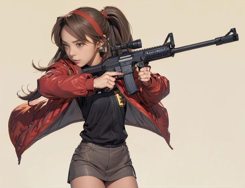 Elaizaikedareal, 1girl, solo, short hair, skirt, blonde hair, red eyes, gloves, ponytail, weapon, pantyhose, hairband, boots, holding weapon, gun, black pantyhose, rifle, one knee, sniper rifle, scope, shell casing