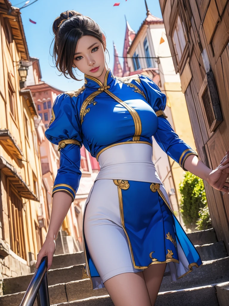 best quality, official art, masterpiece, textile shading, HDR, very detailed, colorful, best details, fantasy, Chun-Li costume:1.5, Song Joo A:1.5, 1 female, 25 years old, black hair, short hair, up bang hair, one length, best quality, official art, masterpiece, textile shading, HDR, very detailed, colorful, best details, fantasy, standing on stairs, a castle town with an old castle view, sunny, random hair, big breast, skinny, Surrounded by a large crowd:1.9, Confetti flutters, Blessed, Being welcomed:1.5, cameltoe:1.3, ground level shot:,