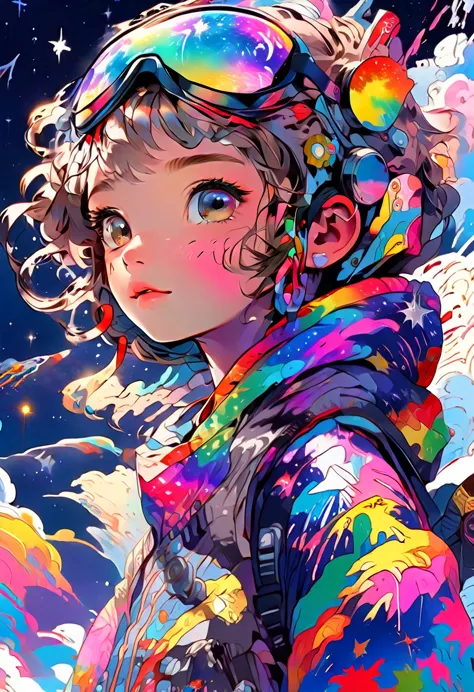 top quality, detailed, dense, 8k, illustration, anime,  girl looking up at the sky, full body, cute, colorful, retro print, nigh...