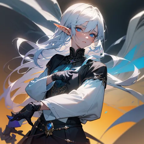 elegant androgynous elf with cool blue-violet heterochromia eyes, wearing a white shirt, black slacks, and black gloves, silver ...