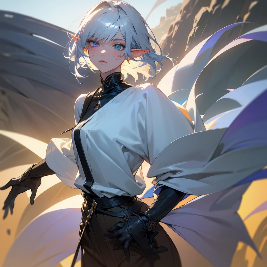 elegant androgynous elf with cool blue-violet heterochromia eyes, wearing a white shirt, black slacks, and black gloves, silver straight hair, (best quality,8k,highres,masterpiece), extremely detailed facial features, intricate details, natural lighting, warm colors, soft focus, digital painting, fantasy art