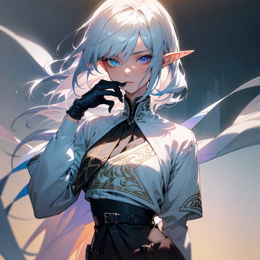 elegant androgynous elf with cool blue-violet heterochromia eyes, wearing a white shirt, black slacks, and black gloves, silver straight hair, (best quality,8k,highres,masterpiece), extremely detailed facial features, intricate details, natural lighting, warm colors, soft focus, digital painting, fantasy art