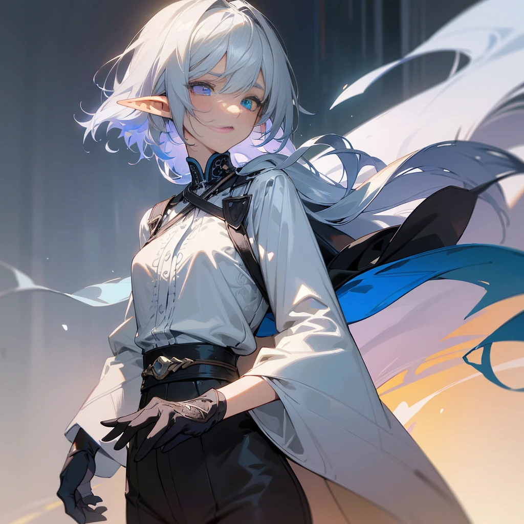 elegant androgynous elf with cool blue-violet heterochromia eyes, wearing a white shirt, black slacks, and black gloves, silver straight hair, (best quality,8k,highres,masterpiece), extremely detailed facial features, intricate details, natural lighting, warm colors, soft focus, digital painting, fantasy art