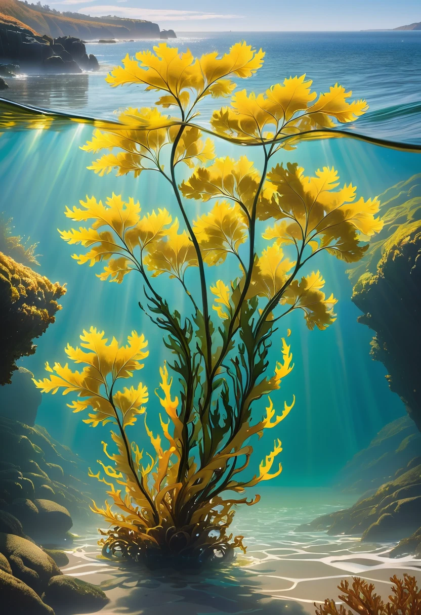 拍攝沿著崎嶇海岸線漂浮在水中的 Bladder Wrack 海藻海帶的特寫圖像. 場景應該展示海藻長的複雜細節, 黃色的葉子及其獨特的, 球狀氣囊. 水應該是清澈的, 讓膀胱殘骸的紋理和顏色清晰可見. 葉子應該優雅地漂浮在淺水處, 阳光照射的水, 背景中可見岩石海岸線. 凸顯空靈, 海藻的外觀幾乎超凡脫俗，因為它在水流中閃閃發光並輕輕搖擺. 氣氛應傳達沿海環境的寧靜和神秘之美, 隨著光影在水面和海藻上的變化.