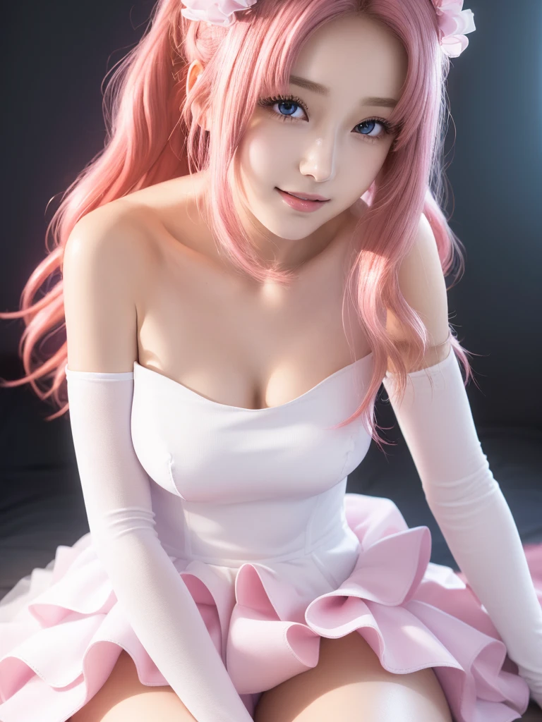 (Highest quality、4K、8K, masterpiece:1.3), Ultra detailed face, Detailed lips, Detailed eyes, double eyelid, 
BREAK, 
smile, 
BREAK,1girl, 20 years old, (Generous Breasts:1.3), (Plump shape:1.2),
BREAK ,
lacus clyne, (purple eyes:1.1), hair ornament, long hair, wave hair ornament, (pink hair),
BREAK,
(Golden hair ornament), ((White Dress, Removable sleeves, Pink sleeves, Short sleeve, Sleeveless dress, Strapless, Strapless dress)),