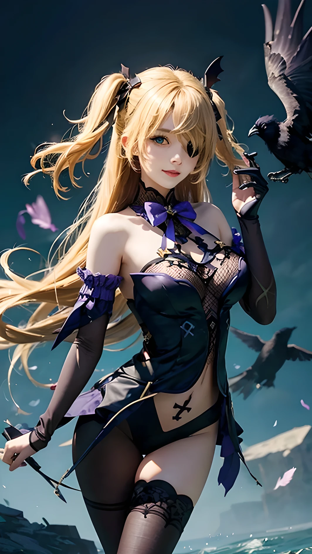 masterpiece, best quality, fischl \(genshin impact\), (large crow,crow, bird,:1)1 girl, smile, (big breasts and exposed breasts),eyepatch, two side up, blonde hair, long hair, hair ornament, hair over one eye, green eyes, ribbon, bow, bowtie, bare shoulders, gloves, black pantyhose, qarter straps, fishnet bodysuit, a slim navel, femoral, Erecting