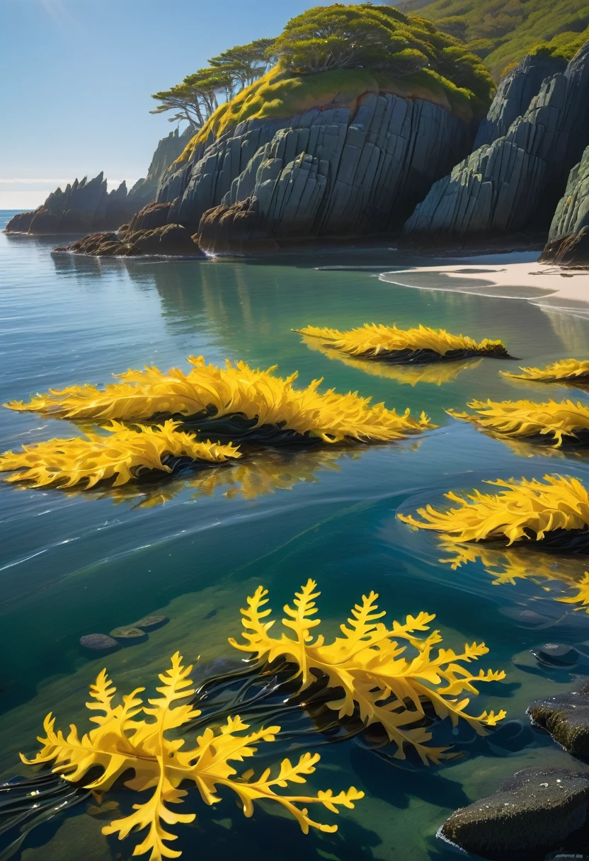 Create a close-up image of Bladder Wrack seaweed kelp floating in the water along a rugged coastline. The scene should show the intricate details of the seaweed's long, yellow fronds and its distinctive, bulbous air bladders. The water should be clear, allowing the textures and colors of the Bladder Wrack to be seen clearly. The fronds should be floating gracefully in the shallow, sunlit water, with the rocky shoreline visible in the background. Highlight the ethereal, almost otherworldly appearance of the seaweed as it glistens and sways gently in the current. The atmosphere should convey the serene and mystical beauty of the coastal environment, with the play of light and shadow on the water and the seaweed.