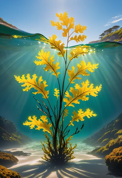 Create a close-up image of Bladder Wrack seaweed kelp floating in the water along a rugged coastline. The scene should show the ...