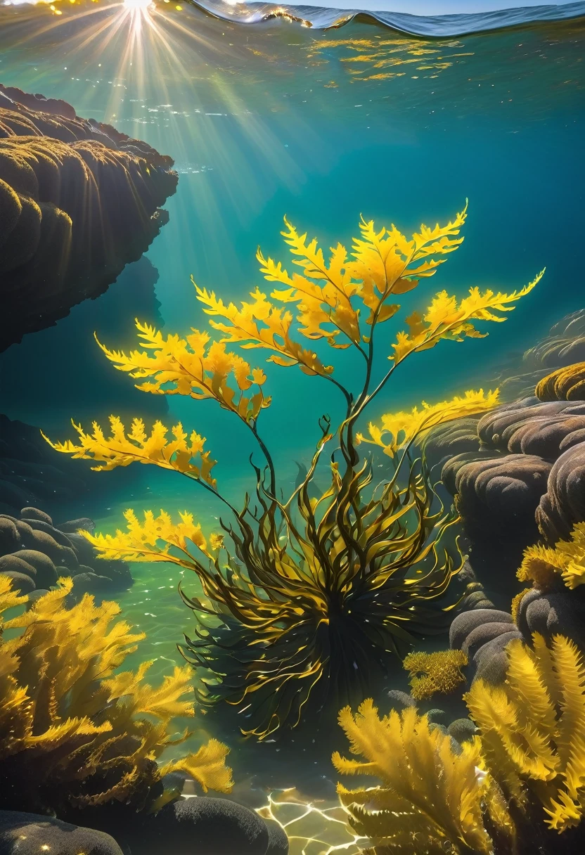 拍攝沿著崎嶇海岸線漂浮在水中的 Bladder Wrack 海藻海帶的特寫圖像. 場景應該展示海藻長的複雜細節, 黃色的葉子及其獨特的, 球狀氣囊. 水應該是清澈的, 讓膀胱殘骸的紋理和顏色清晰可見. 葉子應該優雅地漂浮在淺水處, 阳光照射的水, 背景中可見岩石海岸線. 凸顯空靈, 海藻的外觀幾乎超凡脫俗，因為它在水流中閃閃發光並輕輕搖擺. 氣氛應傳達沿海環境的寧靜和神秘之美, 隨著光影在水面和海藻上的變化.