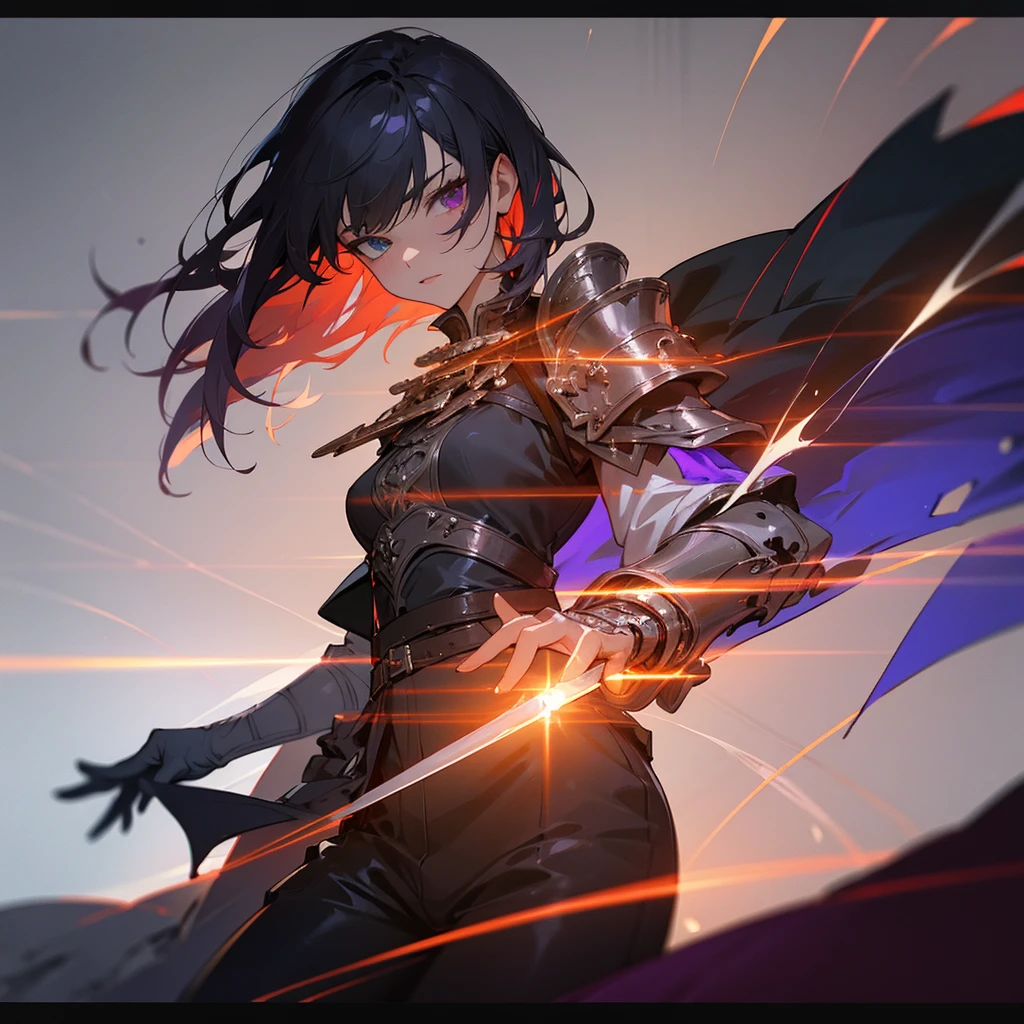 Elegant woman with cool red-purple heterochromia eyes, wearing an armor dress, black trousers, white short straight hair (top quality, 8k, high, masterpiece), highly detailed facial features, intricate details, natural lighting, warm colors , soft focus, digital painting, fantasy art, silhouette, red light, eerie atmosphere, foggy, holding a sword, Excalibur(Fate)