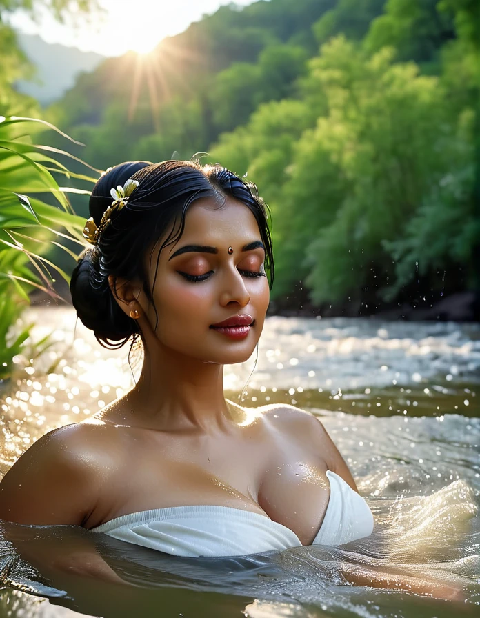 Photorealistic American of Beautiful naked American. Looking like zeenat amaan woman wearing a white saree, taking bath in river Photorealistic image of a beautiful Indian woman with sun-kissed skin and long, black hair tied in a loose bun. She wears a simple wet elegant cotton white transparent saree whitered border. Her  clearly visible.side pose. woman stands knee-deep in the clear, flowing water of a river, gently scooping water with a brass pot and pouring it over her head. Her eyes are closed in serenity, and a peaceful smile rests on her lips. Background: Lush green hills bordering the river, with the rising sun casting a warm glow on the scene. Camera: Medium shot, 50mm lens, slightly off-center view. Render: High resolution, detailed, natural light, soft focus on background. Big , thick, georgeous, hot