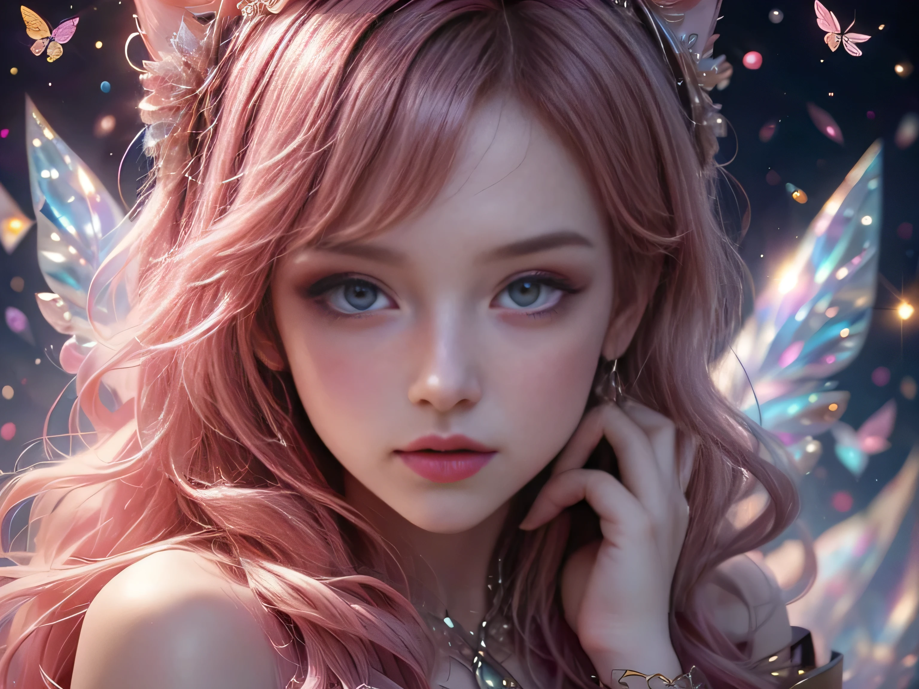 (Best Quality, 8K, Masterpiece, HDR, Soft Lighting, Picture Perfect, Realistic, Vivid), Cat Girl (1.0), Cat Girl with Red Hair and brown eyes and Sexy Revealing Clothes, Pink Bodysuit with Glitter Texture, Beautiful Anime Fantasy, Very beautiful and cute cat girl, large pink butterflies fly around, background blur, anime fantasy, work in Gouves style, realistic: 1.37, top view, red cat girl lies in blue flowers, large pink butterflies fly around, horizontal view, (Ultra High Quality Fantasy Art), Masterpiece, Female Model, Ultra High Quality Female Character Designs, Detailed 8k Anime Art, Realistic Anime Art, Highest Quality Wallpapers, Intricate Ultra High Quality Accurate Female Character Faces, High Quality Designs and Accurate Physics (Fantasy - Ultra High Quality) quality) quality)) art), dark fantasy style), masterpieces, super high-quality characters, anime resolution - 8K, realistic anime art, wallpaper with the highest quality illustrations, ultra-high detail of faces, high-quality design and accurate physics), color, depth of field, shadows, ray tracing, high quality workmanship. -high quality and 8K resolution, (Accurate simulation of the interaction of light and materials)], [High-quality hair detail [More about beautiful and shiny red hair]], (Beautifully detailed hands [perfect fingers [Perfect nails]]], (perfect anatomy (perfect proportions)))) [[Full-length]], [Perfect combination of colors (Accurate imitation of the interaction of light and material)], [art that conveys the meaning of the story](modified)