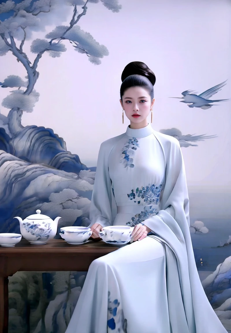 ultra realistic 8k cg, flawless, clean, masterpiece, professional artwork, famous artwork, cinematic lighting, cinematic bloom,,W&B-P,1girl, teapot, jewelry, bird, earrings, hair bun, chinese clothes, sitting, solo, table, black hair, tree, dress, single hair bun, teacup, chair, cup,,((masterpiece)),absurdres,