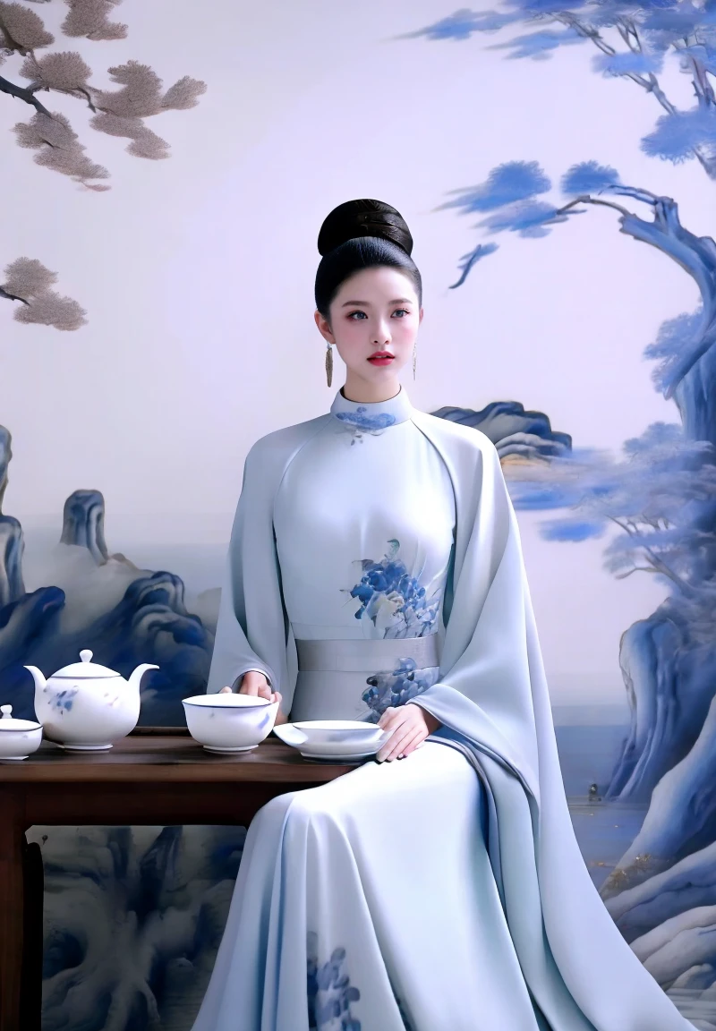 ultra realistic 8k cg, flawless, clean, masterpiece, professional artwork, famous artwork, cinematic lighting, cinematic bloom,,W&B-P,1girl, teapot, jewelry, bird, earrings, hair bun, chinese clothes, sitting, solo, table, black hair, tree, dress, single hair bun, teacup, chair, cup,,((masterpiece)),absurdres,