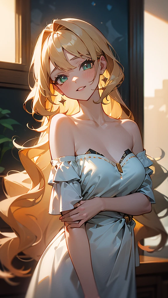 (masterpiece:1.5), ultra quality, 8K, high resolution, super fine illustration, depth of field,
perfect anatomy, 
(1girl), solo, (super beautiful and volutuous girl), (20years_old girl), cowboy shot, looking at viewer, blush, smile, transparent blonde hair, wavy hair, super long hair, green eyes, fine detailed eyes, (large bast), (bee-style), parted lips, 
(from diagonal front), (cowboy shot), (looking at viewer),
collarbone, creavege,  bare shoulders, 
(no_clothes),   jewelry, earrings, 