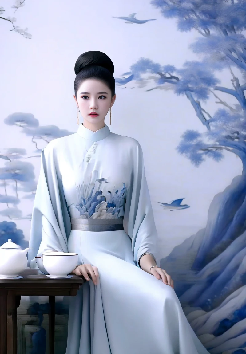 ultra realistic 8k cg, flawless, clean, masterpiece, professional artwork, famous artwork, cinematic lighting, cinematic bloom,,W&B-P,1girl, teapot, jewelry, bird, earrings, hair bun, chinese clothes, sitting, solo, table, black hair, tree, dress, single hair bun, teacup, chair, cup,,((masterpiece)),absurdres,