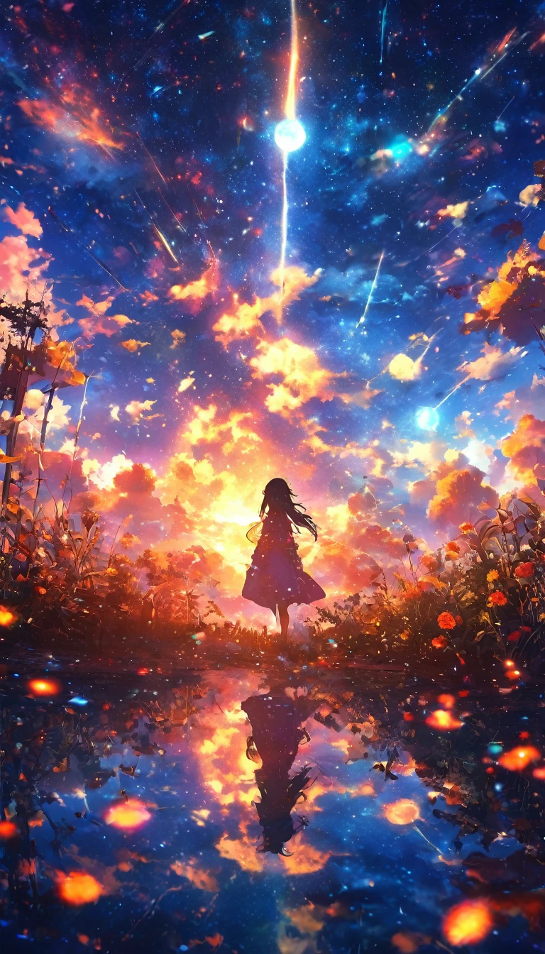 masterpiece, Concept Art, Panorama, in the center, shape, Wide Shot, garden, night, (meteor), Space galaxy background, (Great composition, Epic scale), Dynamic Lighting, Bright colors, Blue rose,landscape black hair, longeyelashes, solid circle eyes, ccurate, gradient hair, mole under eye, glowing eyes, eyeball, sad, drop shadow, anaglyph, stereogram, tachi-e, ass pov, atmospheric perspective, anime style, chromatic aberration, cinematic lighting, reflection light, 8K, super detail, best quality, uhd, high details, textured skin