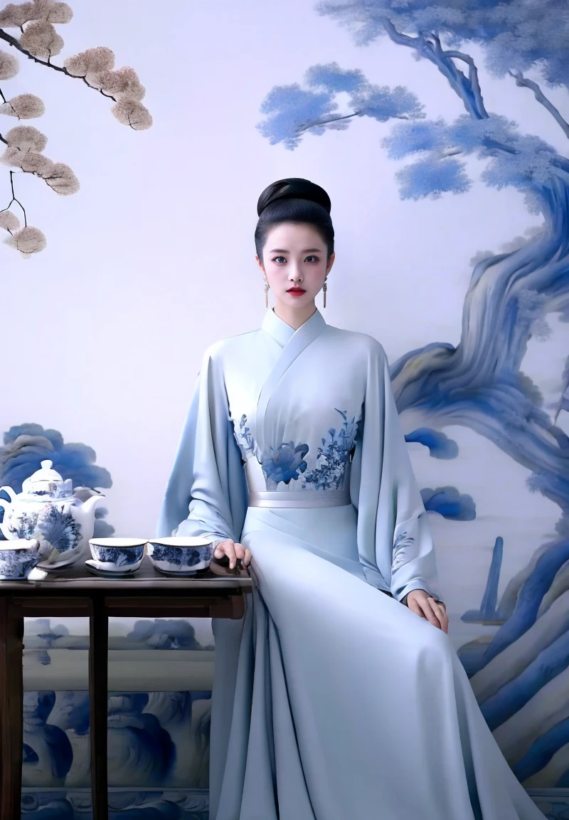 ultra realistic 8k cg, flawless, clean, masterpiece, professional artwork, famous artwork, cinematic lighting, cinematic bloom,,W&B-P,1girl, teapot, jewelry, bird, earrings, hair bun, chinese clothes, sitting, solo, table, black hair, tree, dress, single hair bun, teacup, chair, cup,,((masterpiece)),absurdres,