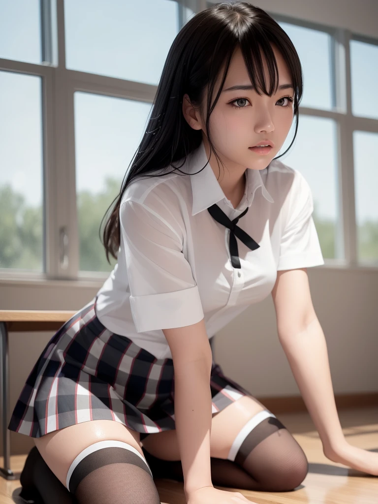 (masterpiece, best quality:1.2), a hyperrealistic , solo, 1girl, yukinoshita yukino, (shiny skin, wet skin:1.2), sweating, slight smile, looking at viewer, on all fours, , white shirt, plaid skirt, thighhighs, afternoon, classroom hyperrealistic 