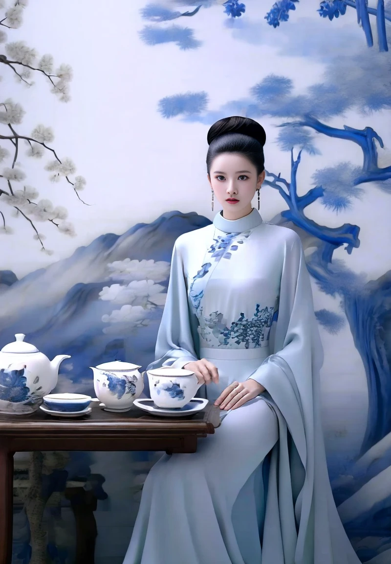 ultra realistic 8k cg, flawless, clean, masterpiece, professional artwork, famous artwork, cinematic lighting, cinematic bloom,,W&B-P,1girl, teapot, jewelry, bird, earrings, hair bun, chinese clothes, sitting, solo, table, black hair, tree, dress, single hair bun, teacup, chair, cup,,((masterpiece)),absurdres,