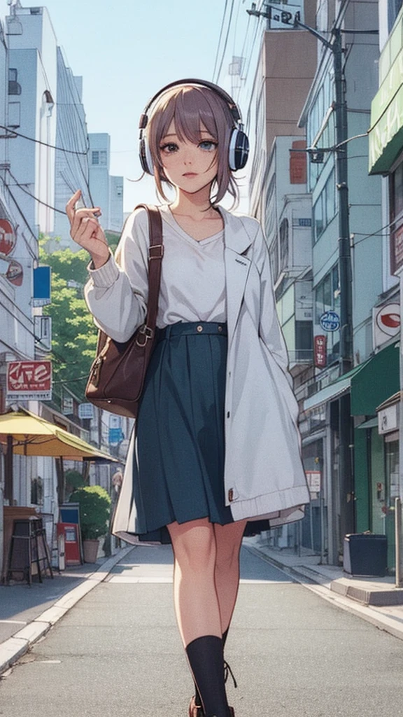 Anime Girls with headphones on walking across a busy city street, Beautiful anime school girl, Lofty Girl, Anime atmosphere, Anime Style 4 k, young Anime Girls, Anime Aesthetics, an Anime Girls, Anime Style illustration, retro Anime Girls, Anime Style. 8k, City Girl Fan Art, Tokyo Anime Scene, Anime Girls, Digital anime illustration, modern Anime Style