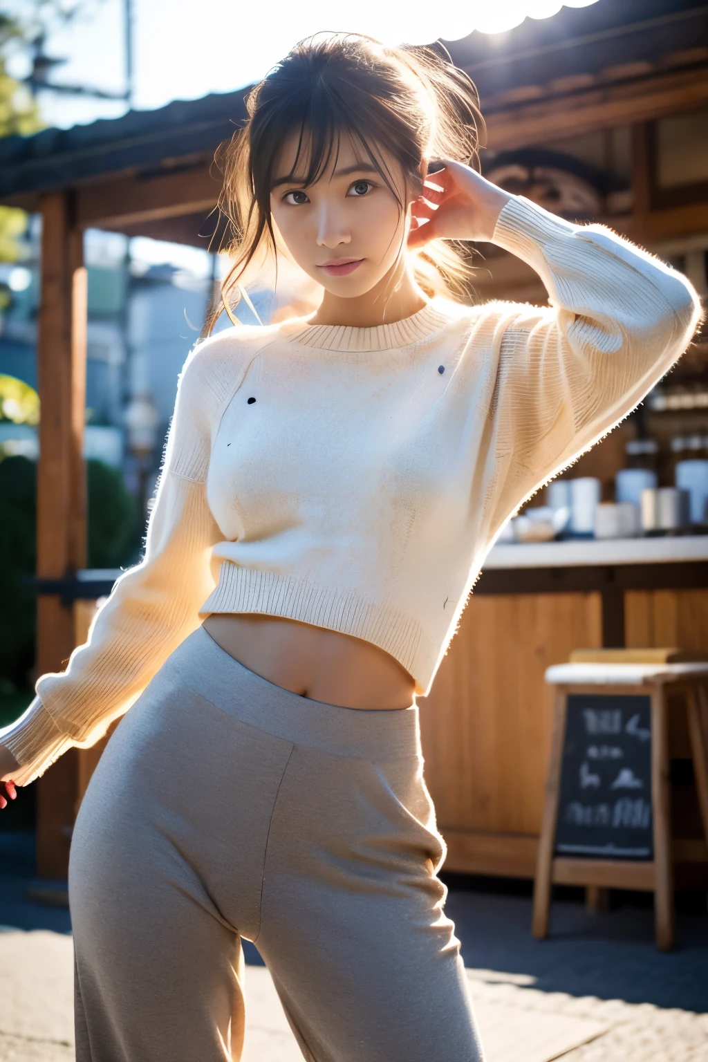 (((Wear a light knit)))、(((unique pants style))),(((1 Girl))),Full Body Shot、Japanese,16 years old, Medium Black Hair,I have a few freckles,Big Breasts、Work at a traditional Japanese food stall,Proper body balance,Ultra-high quality output images,High resolution,Intricate details,Her hair blowing in the wind is so delicate and beautiful,Realistic photos,dream-like,Professional Lighting,Realistic Shadows,Focus Only,Beautiful Hands,Beautiful fingers,Detailed characteristics of hair,Detailed facial features, Very good、White small high leg panties,Torn Skirt,,Dynamic pose、、