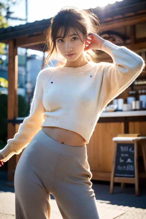 (((Wear a light knit)))、(((unique pants style))),(((1 Girl))),Full Body Shot、Japanese,16 years old, Medium Black Hair,I have a f...