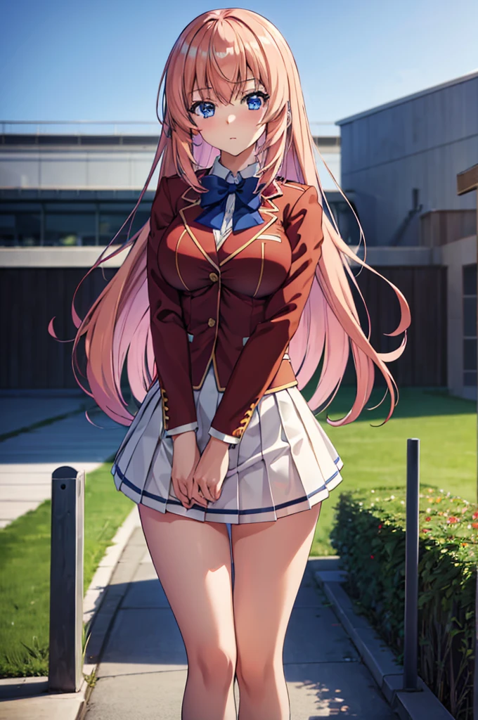 (masterpiece:1.3), (best quality:1.1), (8k, ultra detailed, ultra high res:1.2), ((anime style)), perfect 5 fingers, perfect anatomy, ((impressionism)),
1girl,
Ichinose honami, 
Ichinose honami \(youjitsu\),
long hair, 
pink hair, 
blue eyes, round eyes, tareme, 
blue bow, 
large breasts, 
red jacket, long sleeves, white skirt, pleated skirt, black calf socks, 
looking at viewer, 
cowboy shot, 
perfect light, 
(detailed background:1.2), outdoor, outside, school building,  