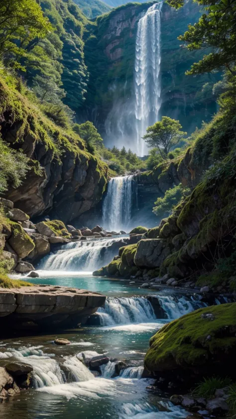 Breathtaking waterfalls cascading down towering mountainsides、It creates a fascinating scene that represents the pinnacle of lan...