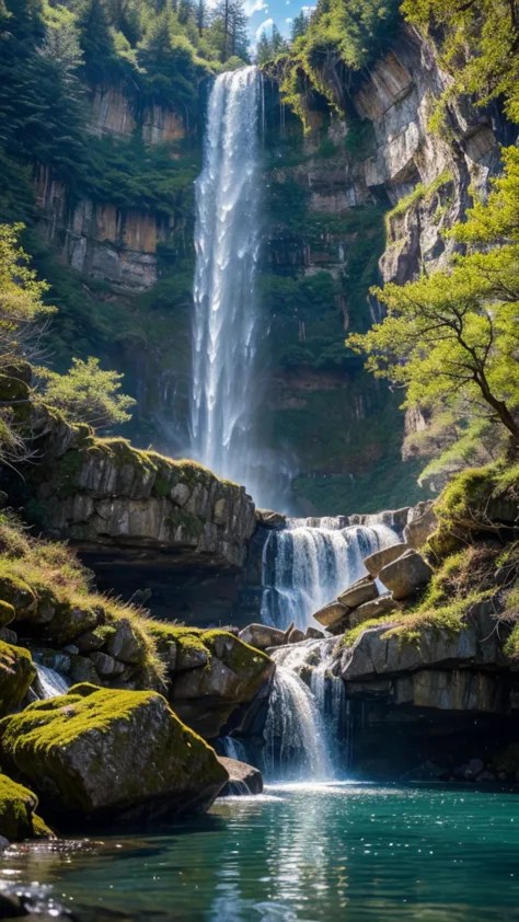 Breathtaking waterfalls cascading down towering mountainsides、It creates a fascinating scene that represents the pinnacle of lan...